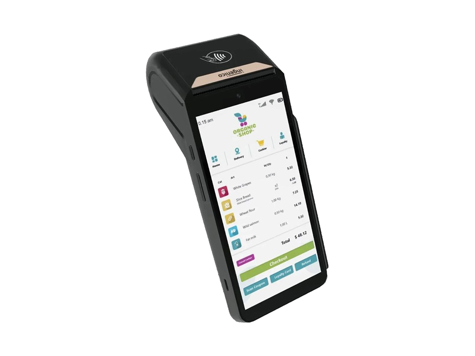 Musta värvi mobiilne terminal kassaga, millel on puutetundlik ekraan.