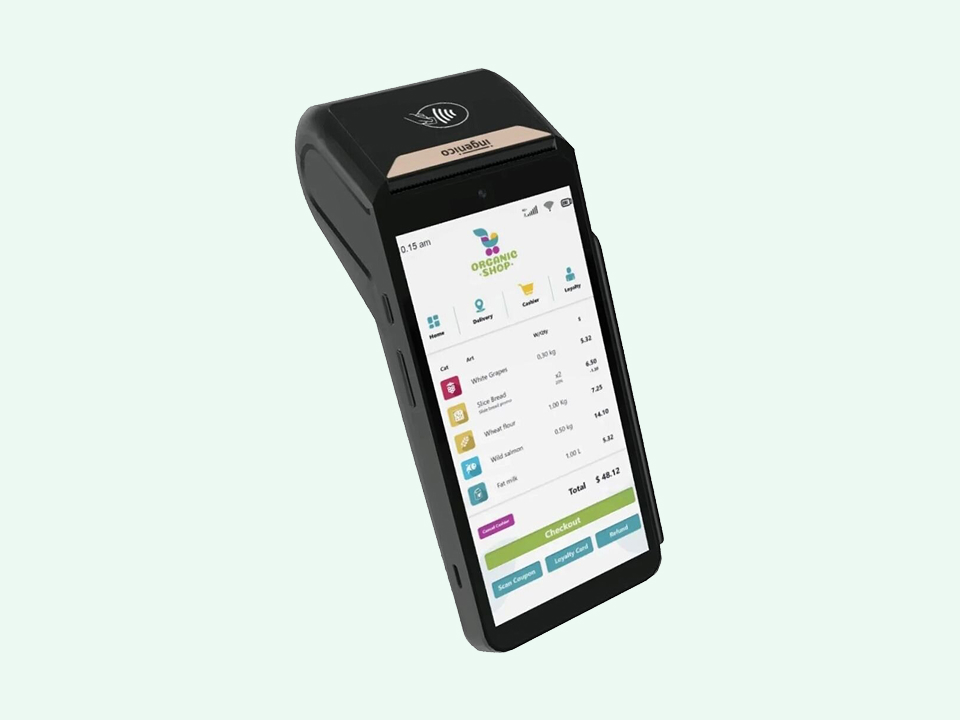 Musta värvi mobiilne terminal kassaga, millel on puutetundlik ekraan.