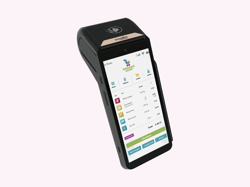 Black cash register terminal featuring a touchscreen.