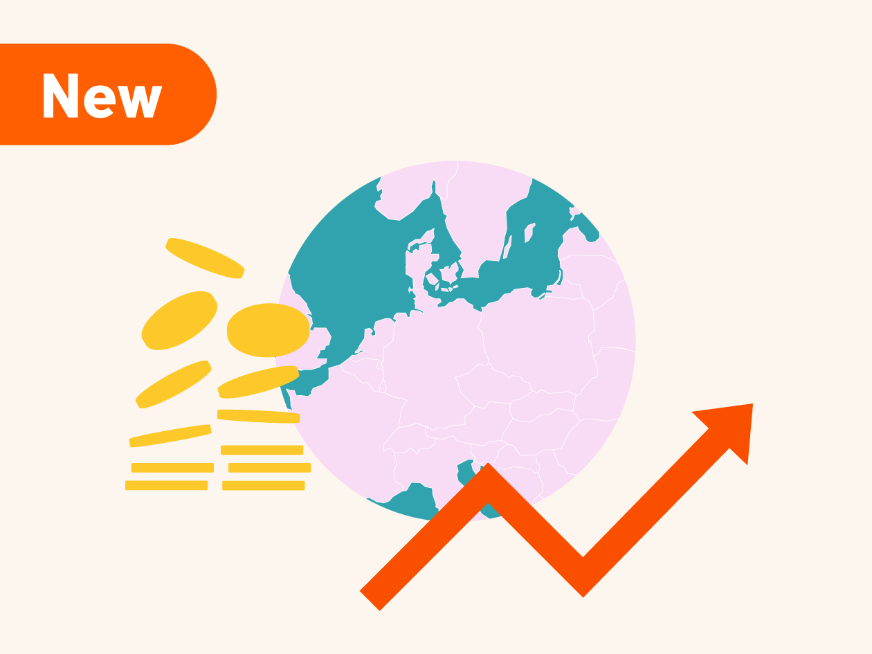 Infographic: a world map with an upward orange growth arrow and falling yellow coins.