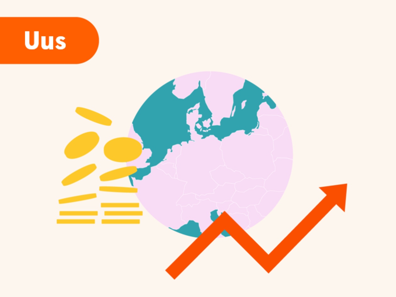 Infograafik: maailmakaart ülespoole suunatud oranži kasvunoolega ja langevate kollaste müntidega.